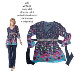 y2k vintage Baby doll all over print colorful embellished‎ waist tie blouse XS